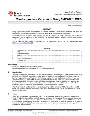 Random Number Generation Using MSP430™ Mcus (Rev. A)