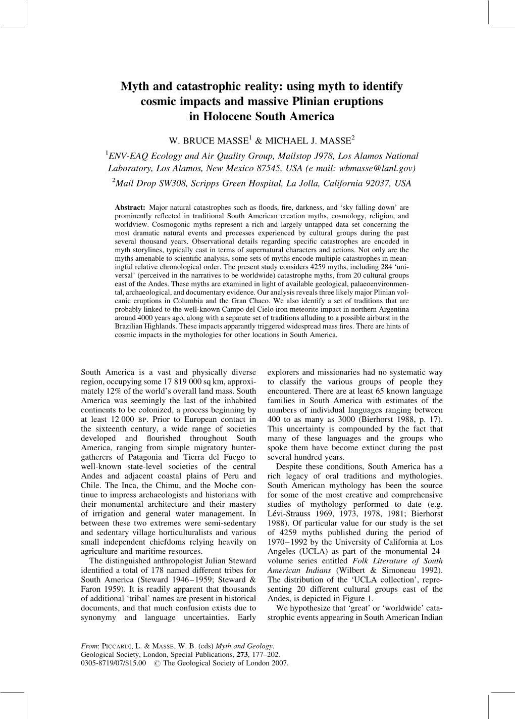 Myth and Catastrophic Reality: Using Myth to Identify Cosmic Impacts and Massive Plinian Eruptions in Holocene South America