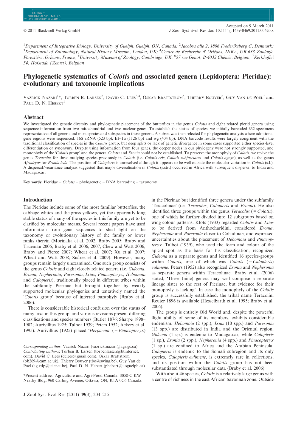 Lepidoptera: Pieridae): Evolutionary and Taxonomic Implications