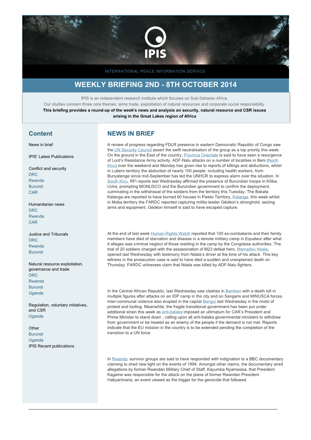 Weekly Briefing 2Nd - 8Th October 2014