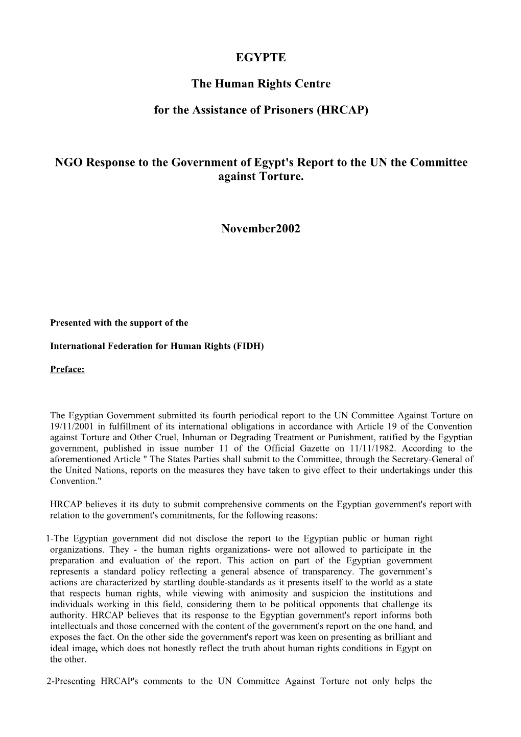 NGO Response to the Government of Egypt's Report to the UN the Committee Against Torture