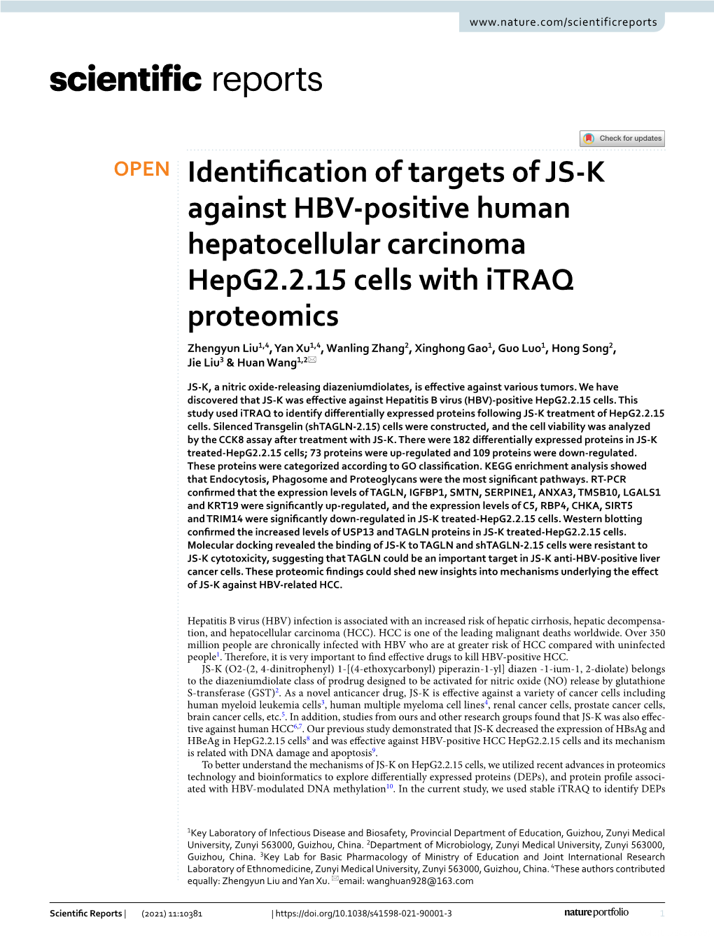 Identification of Targets of JS-K Against HBV-Positive Human Hepatocellular Carcinoma Hepg2. 2.15 Cells with Itraq Proteomics