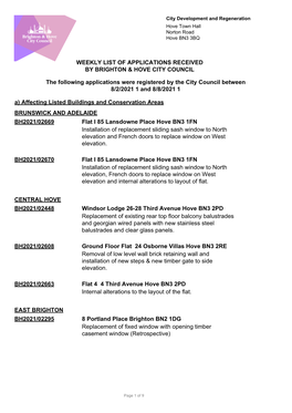 Weekly List of Applications Received by Brighton & Hove City Council