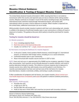 Measles Clinical Guidance: Identification & Testing of Suspect Measles Cases