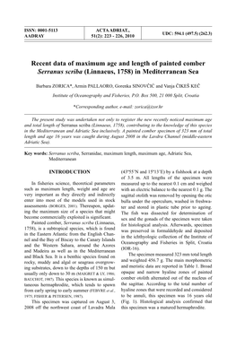 Recent Data of Maximum Age and Length of Painted Comber Serranus Scriba (Linnaeus, 1758) in Mediterranean Sea