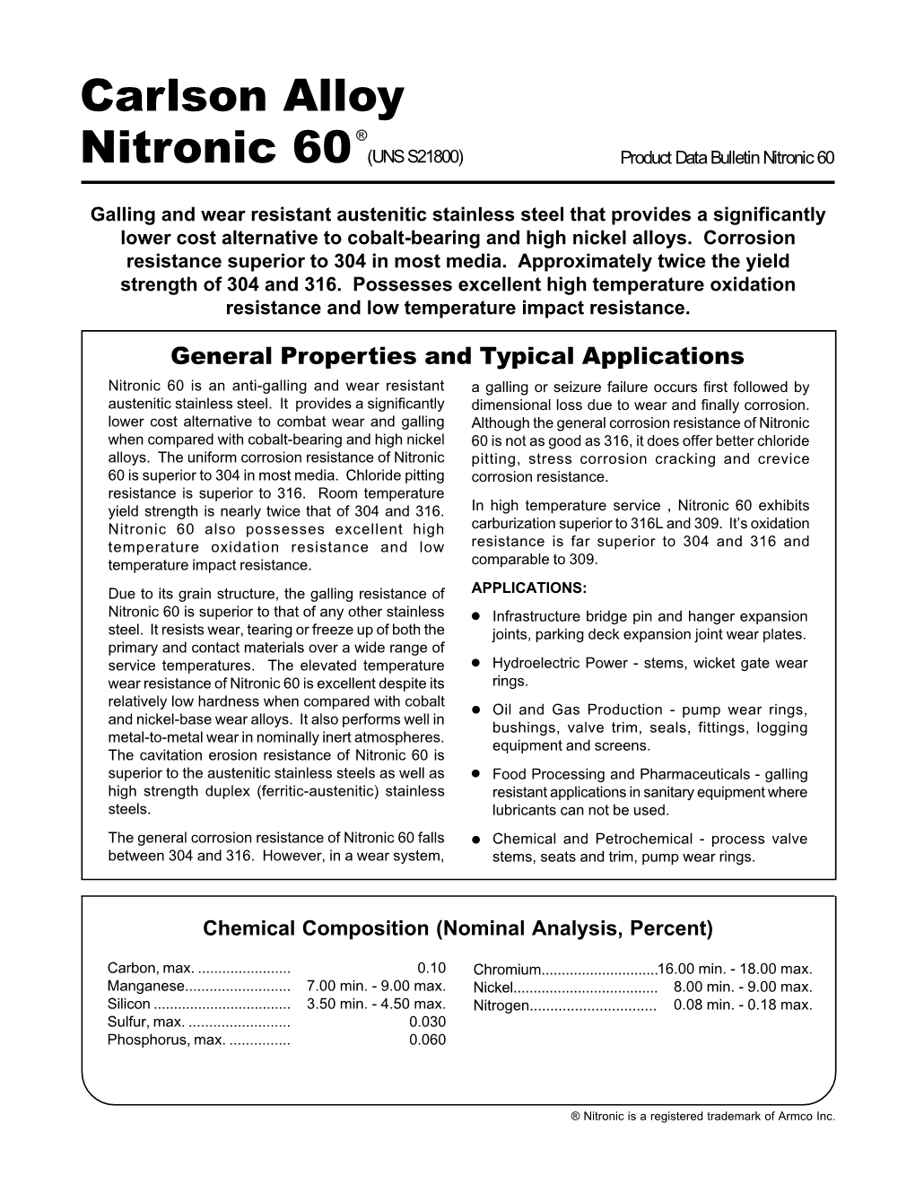 Carlson Alloy Nitronic 60 (UNS S21800)