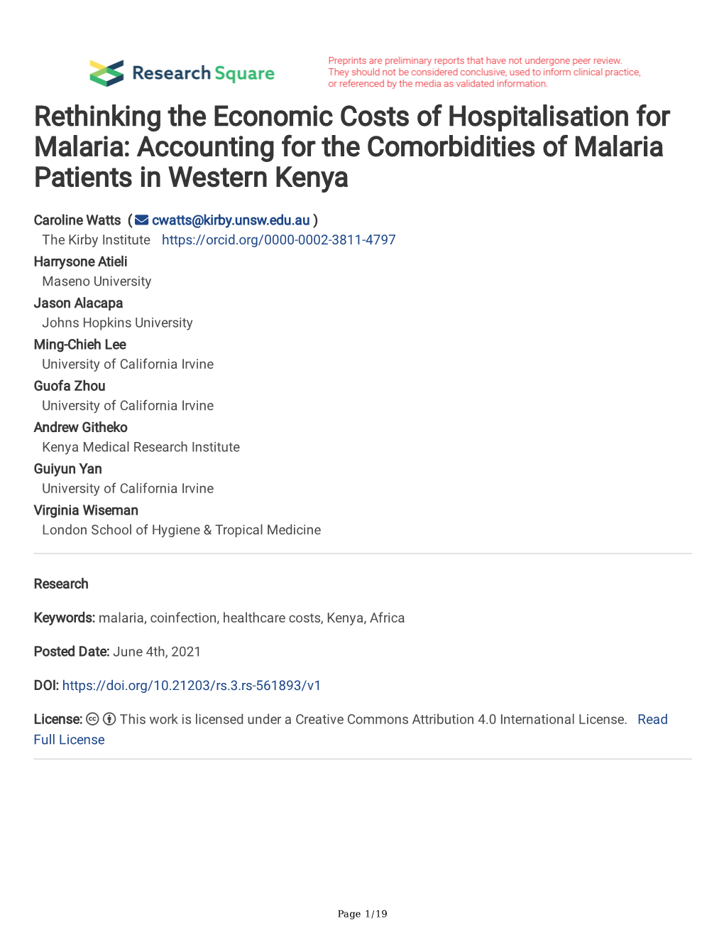 Rethinking the Economic Costs of Hospitalisation for Malaria: Accounting for the Comorbidities of Malaria Patients in Western Kenya