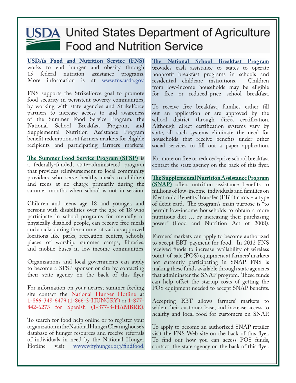 USDA's Food and Nutrition Service (FNS) Works to End Hunger And