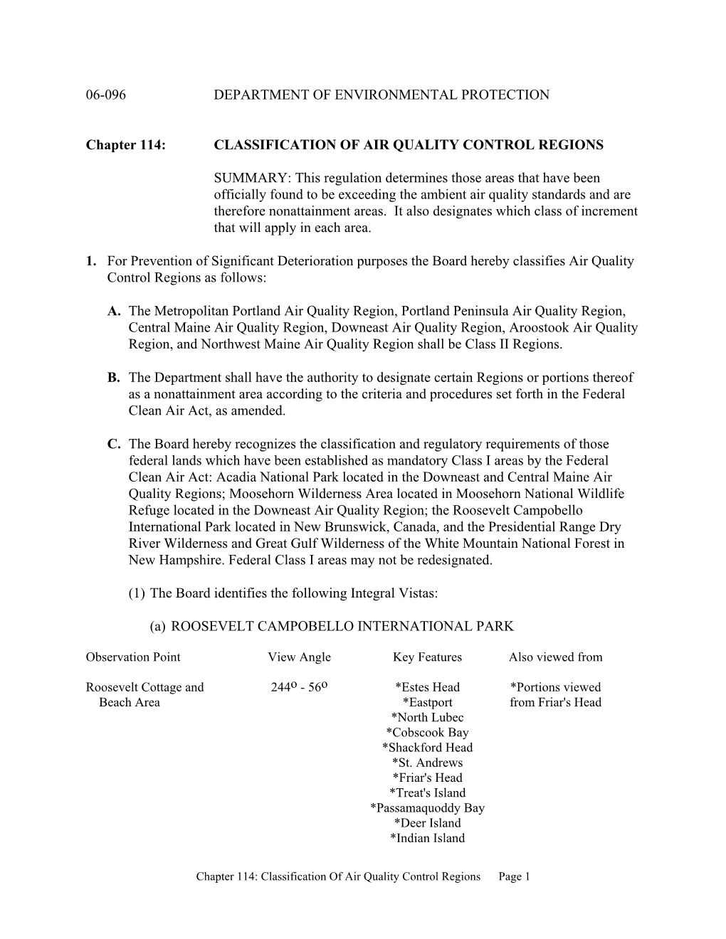 Chapter 114: Classification of Air Quality Control Regions