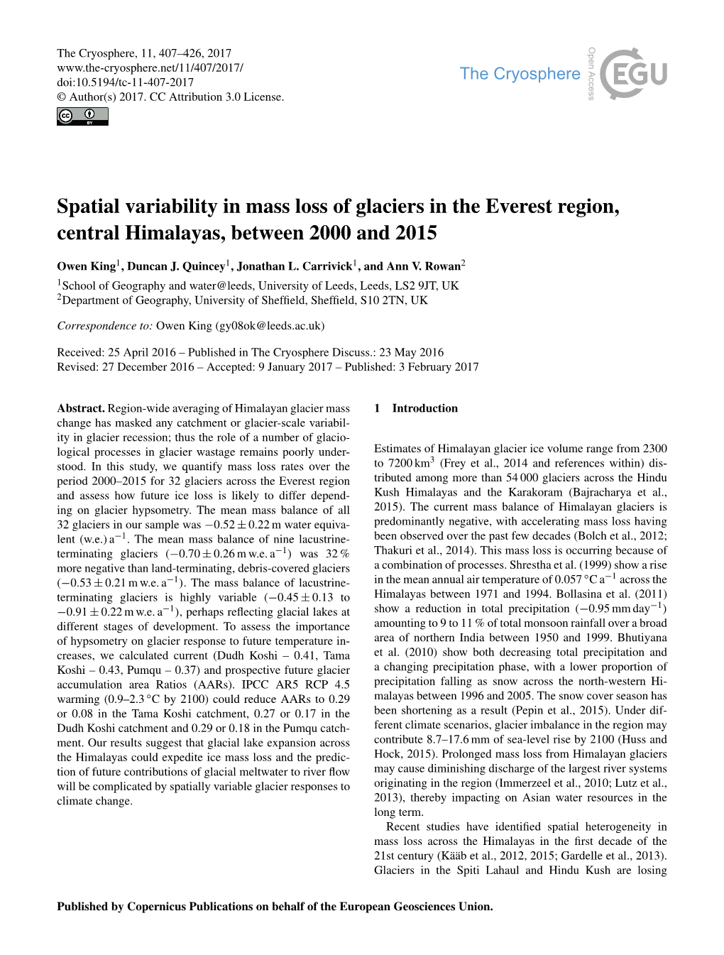 King Et Al.: Spatial Variability in Mass Loss of Glaciers in the Everest Region Mass Most Quickly (Kääb Et Al., 2015)