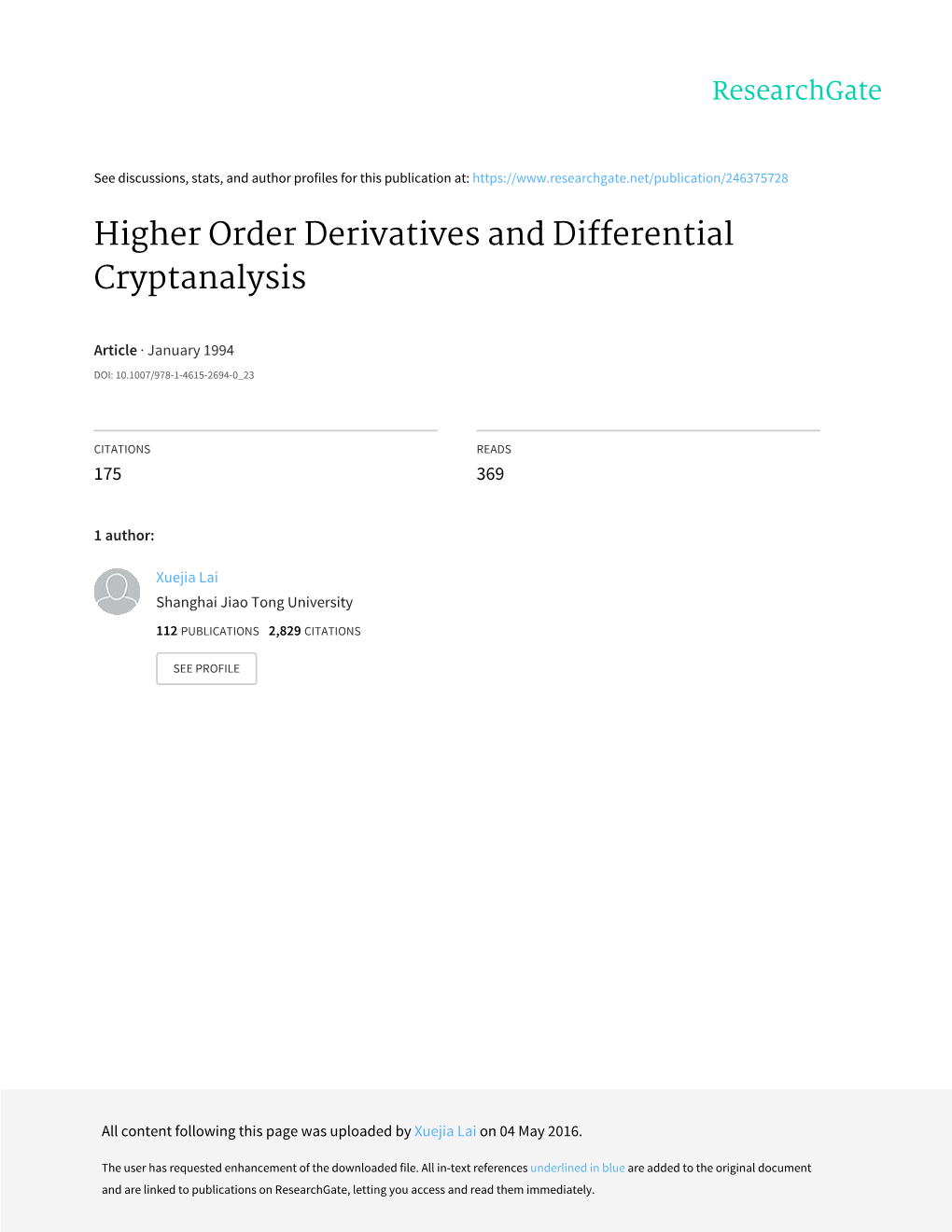 Higher Order Derivatives and Differential Cryptanalysis