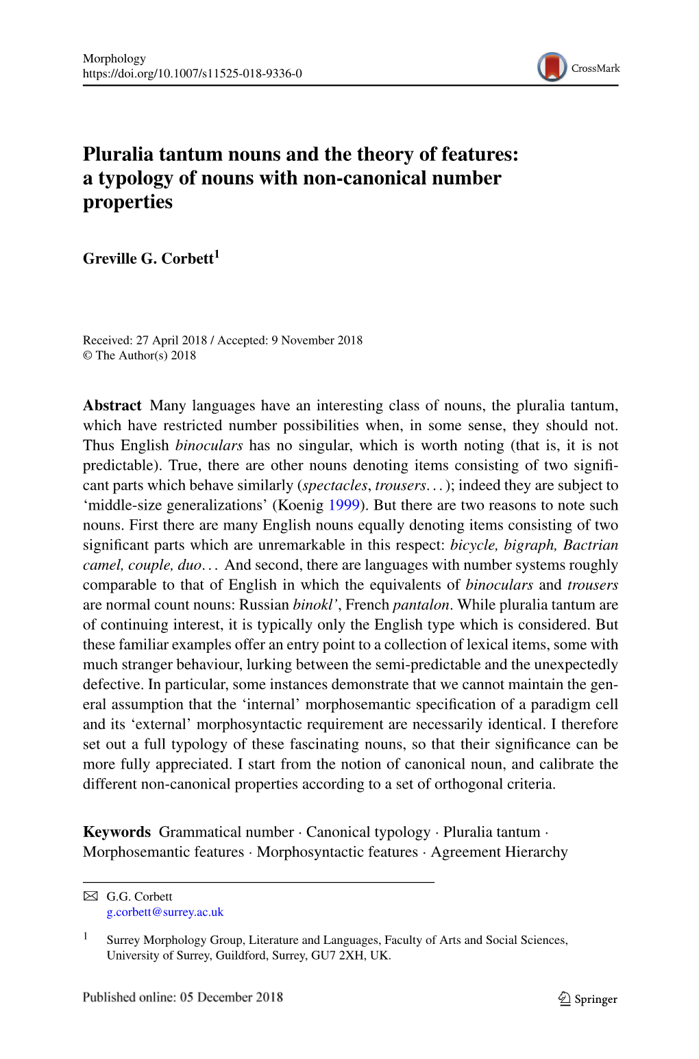 Pluralia Tantum Nouns and the Theory of Features: a Typology of Nouns with Non-Canonical Number Properties