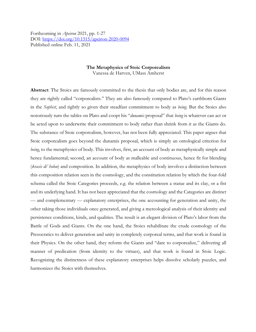 The Metaphysics of Stoic Corporealism Final