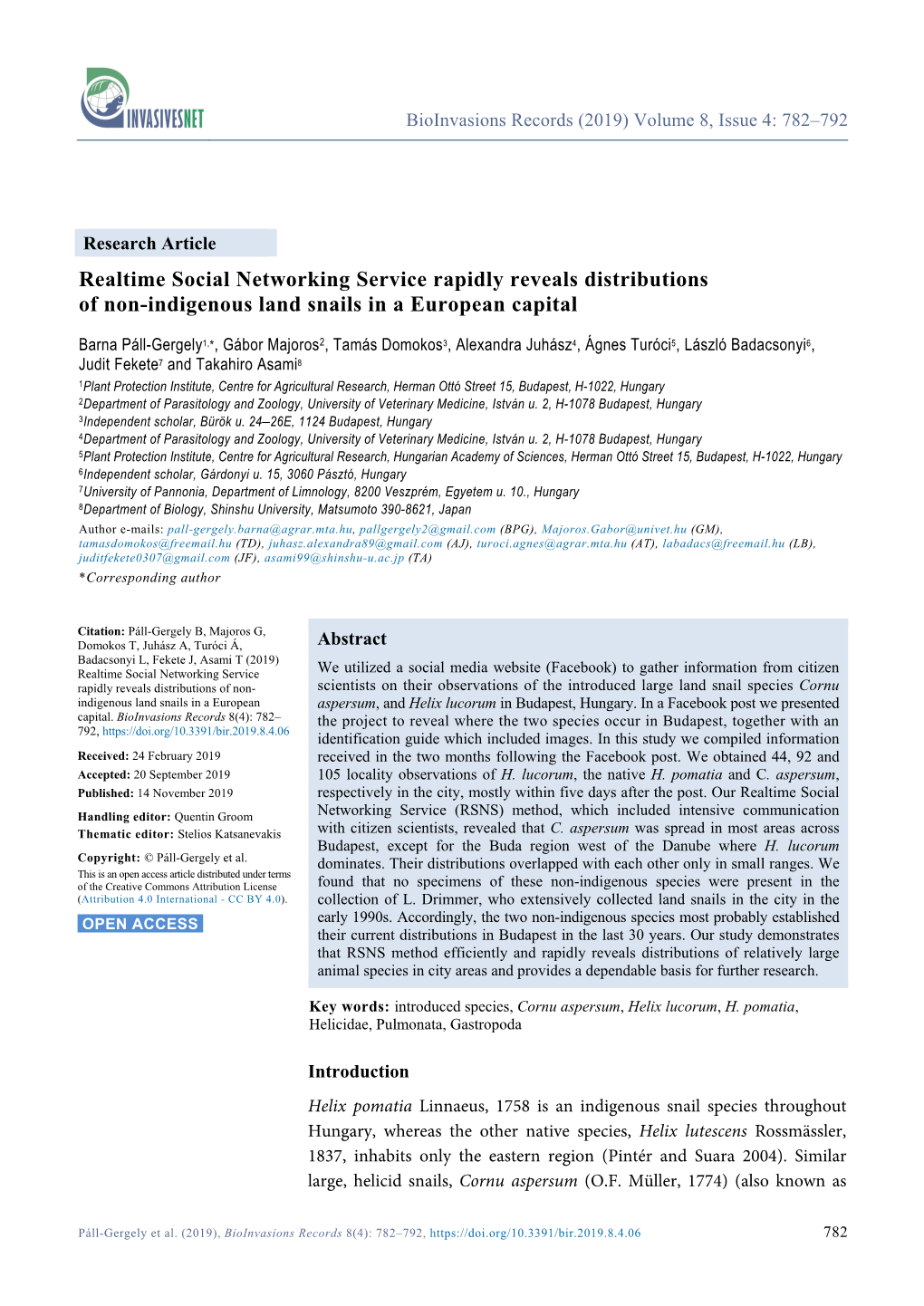 Realtime Social Networking Service Rapidly Reveals Distributions of Non-Indigenous Land Snails in a European Capital