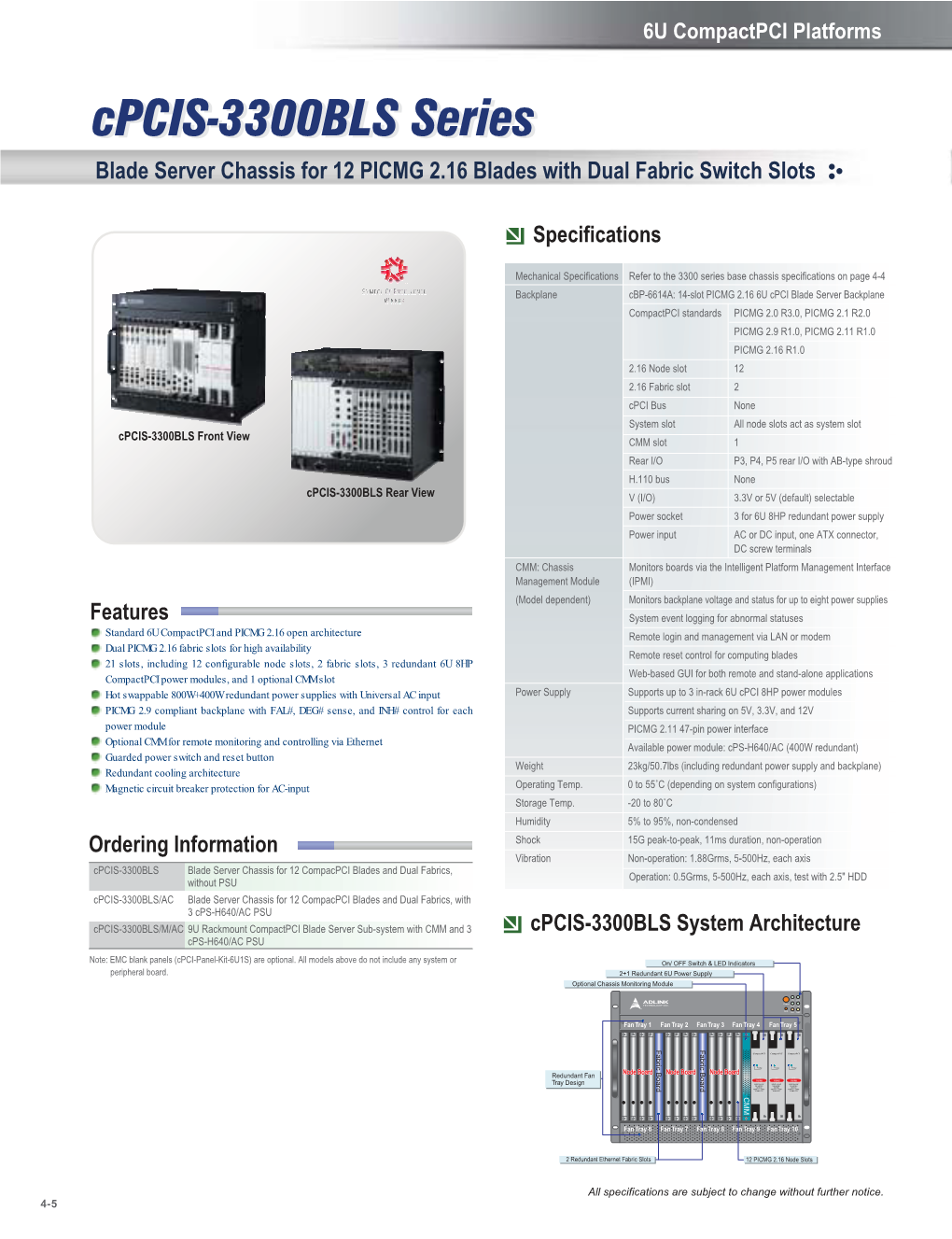 Cpcis-3300BLS Series Series Blade Server Chassis for 12 PICMG 2.16 Blades with Dual Fabric Switch Slots