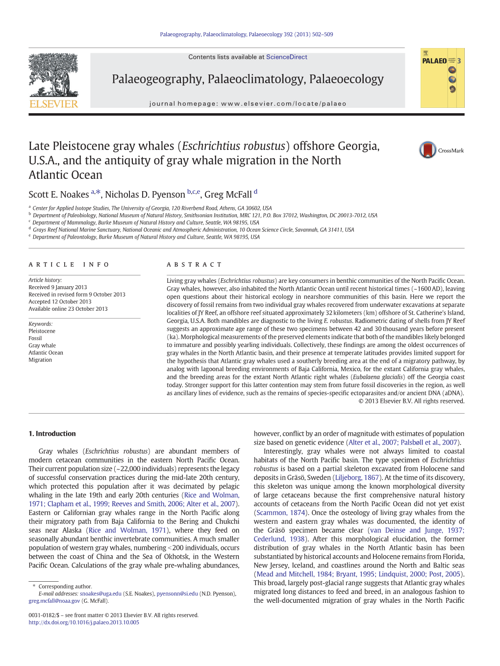 Late Pleistocene Gray Whales (Eschrichtius Robustus) Offshore Georgia, U.S.A., and the Antiquity of Gray Whale Migration in the North Atlantic Ocean