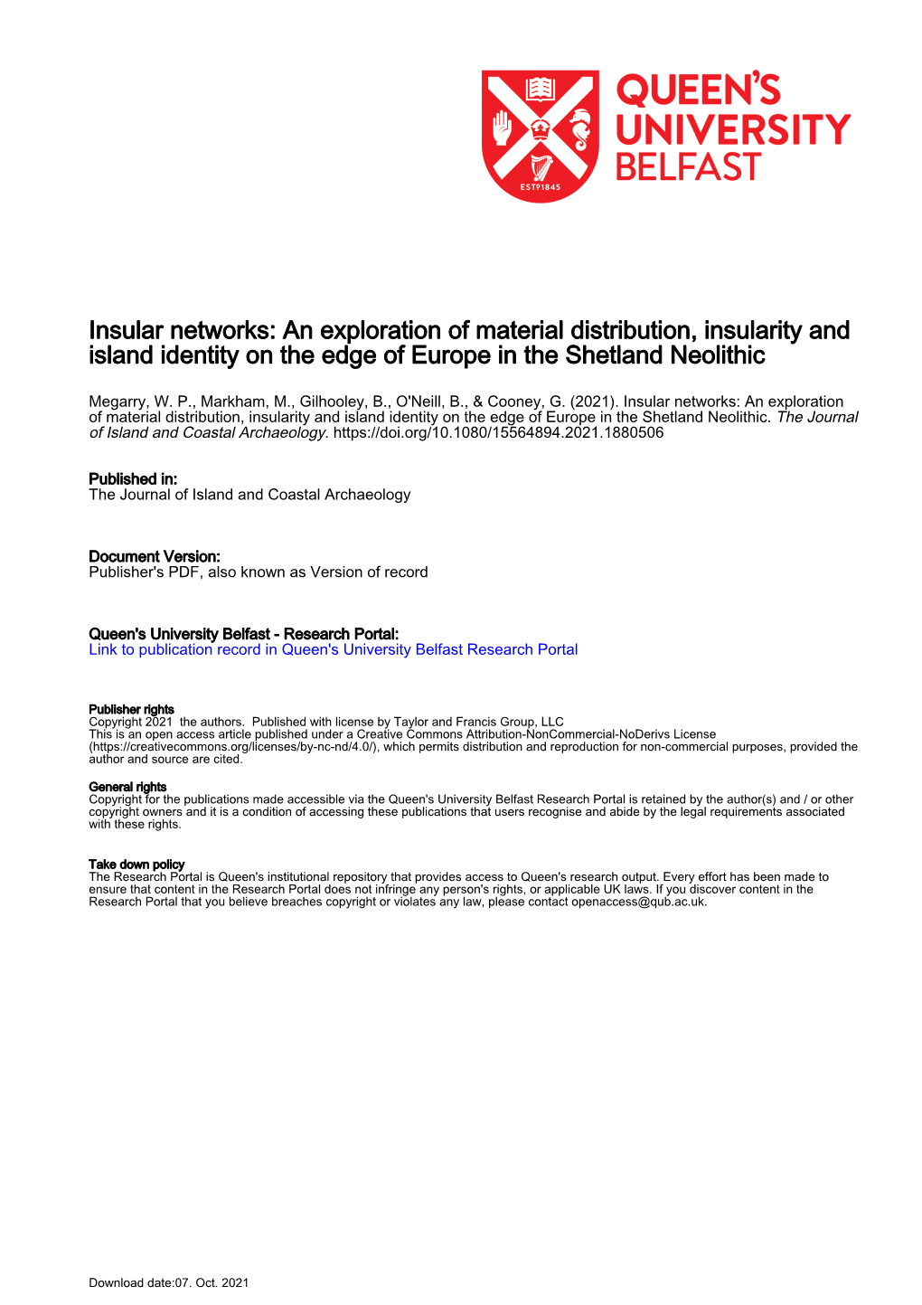 An Exploration of Material Distribution, Insularity and Island Identity on the Edge of Europe in the Shetland Neolithic