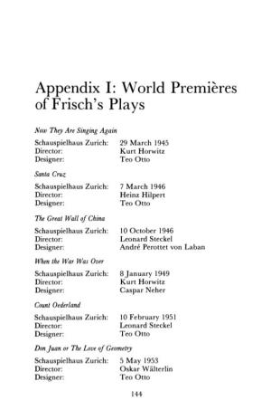 Appendix 1: World Premieres of Frisch's Plays