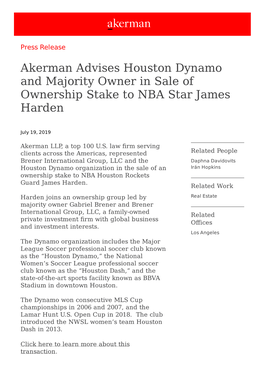 Akerman Advises Houston Dynamo and Majority Owner in Sale of Ownership Stake to NBA Star James Harden