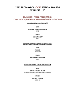 2011 Promaxbdalocal Station Awards Winners List