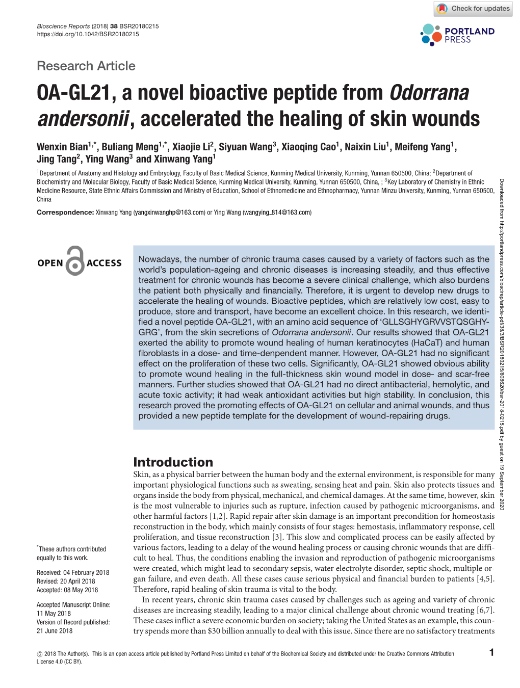 OA-GL21, a Novel Bioactive Peptide from Odorrana Andersonii, Accelerated the Healing of Skin Wounds