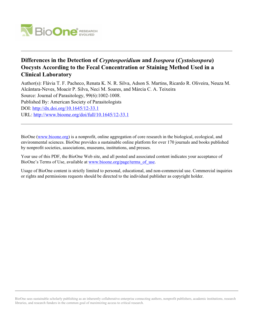 Differences in the Detection of Cryptosporidium and Isospora