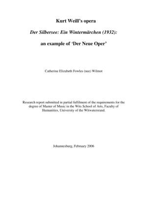 Kurt Weill's Opera Der Silbersee: Ein Wintermärchen (1932)