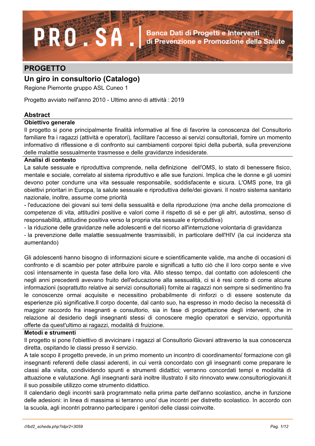 PROGETTO Un Giro in Consultorio (Catalogo) Regione Piemonte Gruppo ASL Cuneo 1