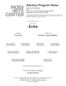 Advance Program Notes Broadway in Blacksburg Evita Lyrics by Tim Rice, Music by Andrew Lloyd Webber Wednesday, January 23, 2019, 7:30 PM