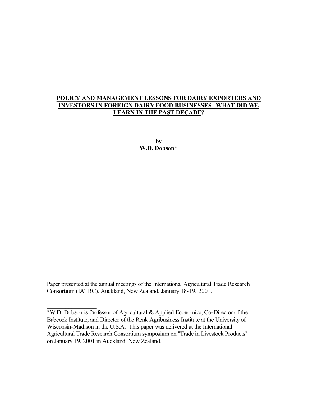 Policy and Management Lessons for Dairy Exporters and Investors in Foreign Dairy-Food Businesses--What Did We Learn in the Past Decade?