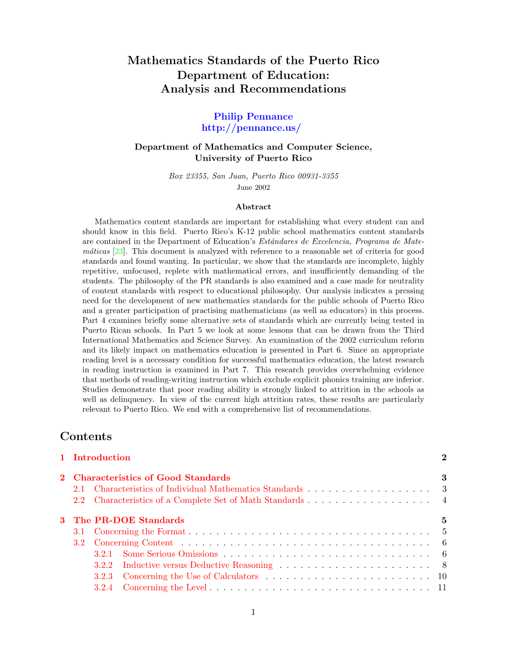 Mathematics Standards of the Puerto Rico Department of Education: Analysis and Recommendations Contents