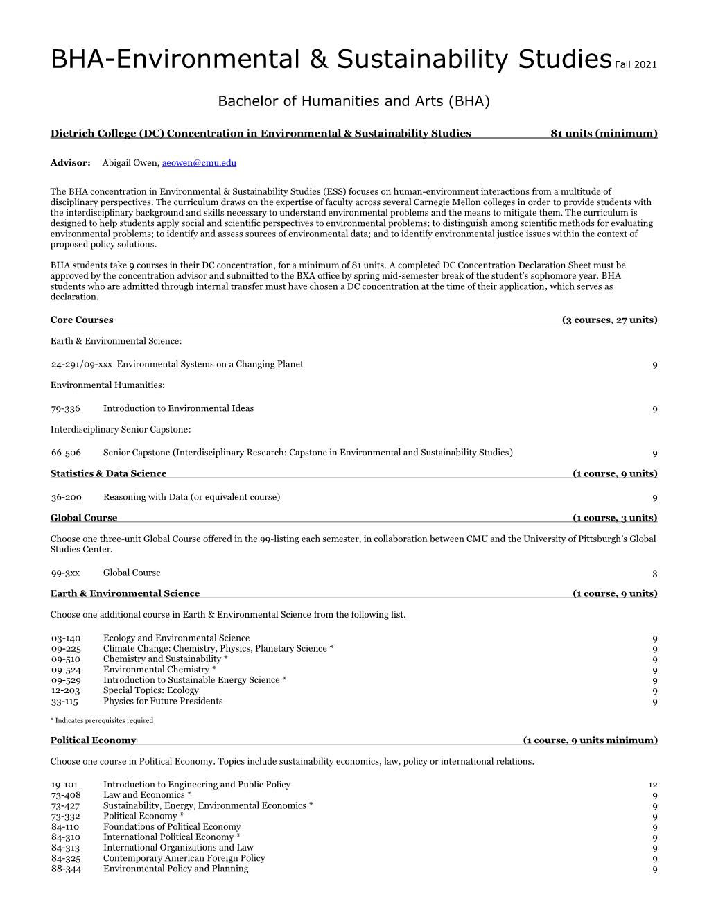 BHA Environmental & Sustainability Studies Concentration