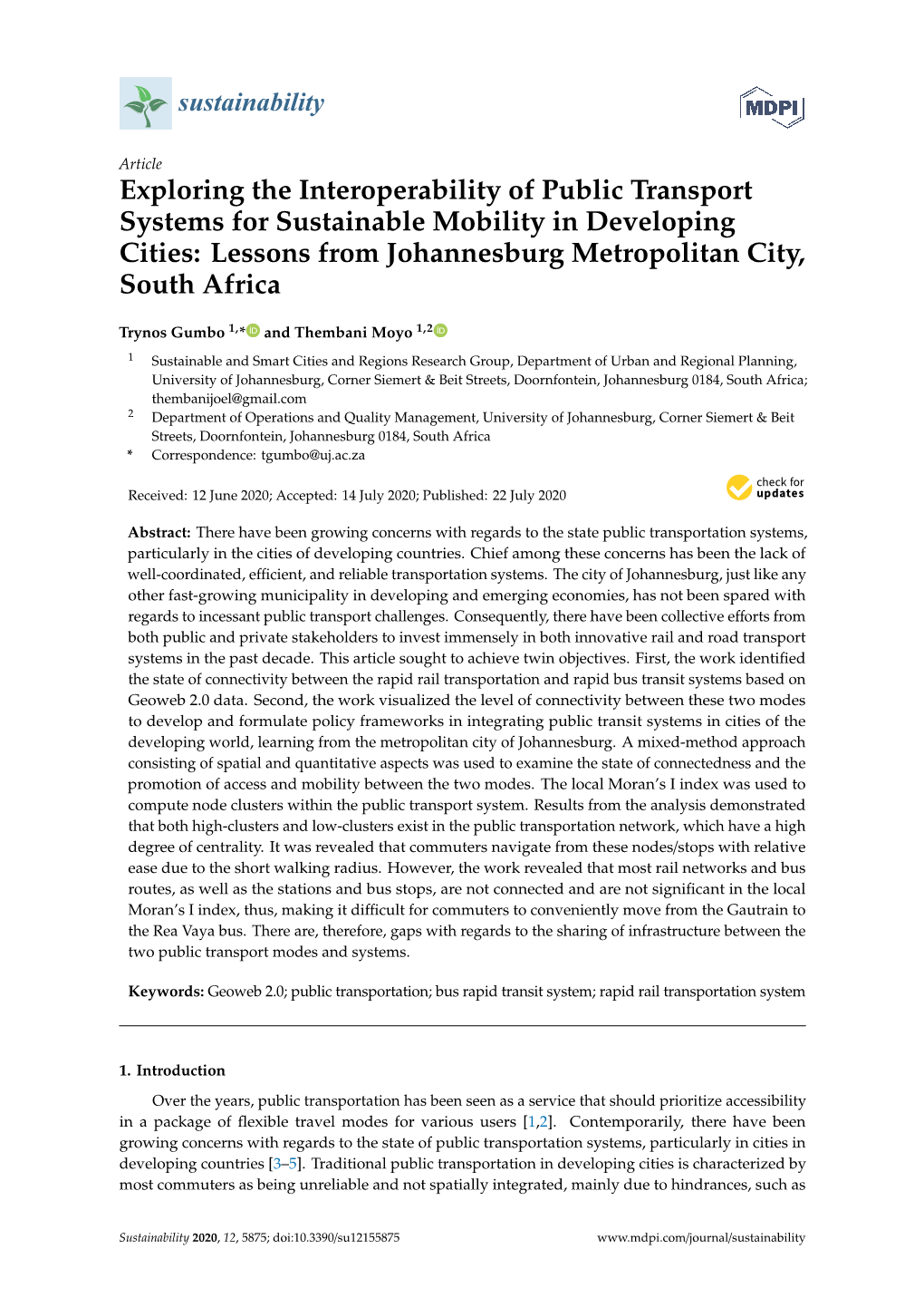 Exploring the Interoperability of Public Transport Systems for Sustainable Mobility in Developing Cities: Lessons from Johannesburg Metropolitan City, South Africa