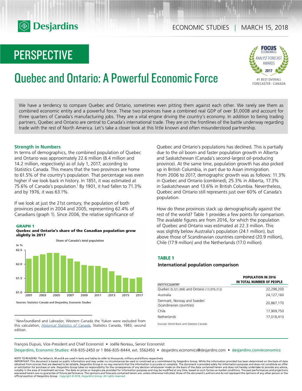 Quebec and Ontario: a Powerful Economic Force #1 BEST OVERALL FORECASTER - CANADA