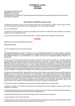 ANSWERED ON:05.04.2017 Railway Projects in Karnataka Chandrappa Shri B.N.;Karandlaje Km