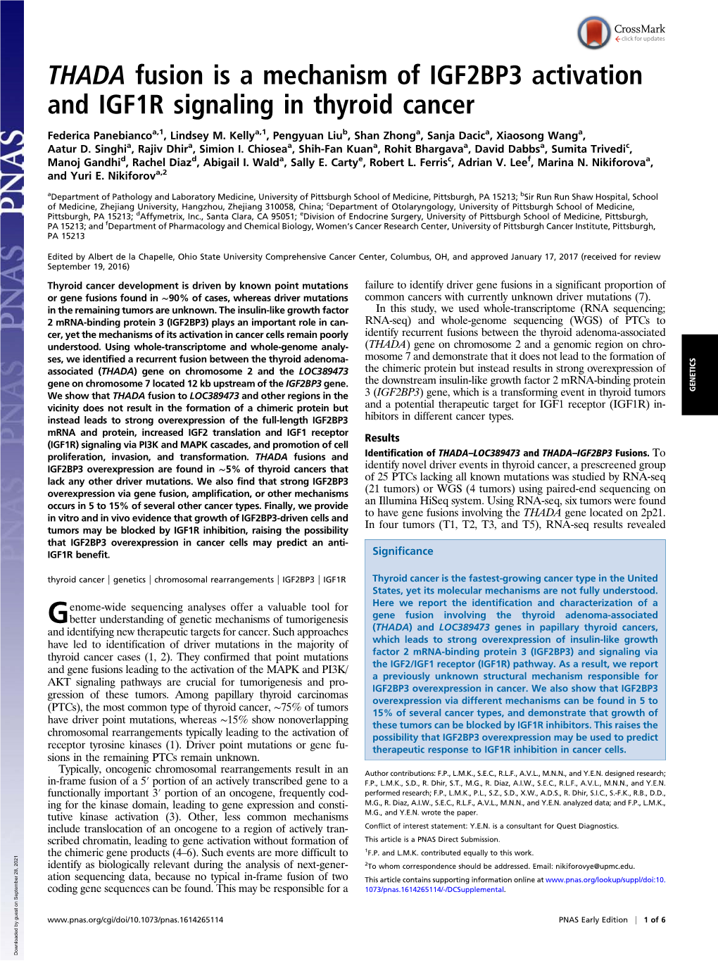 THADA Fusion Is a Mechanism of IGF2BP3 Activation and IGF1R Signaling in Thyroid Cancer