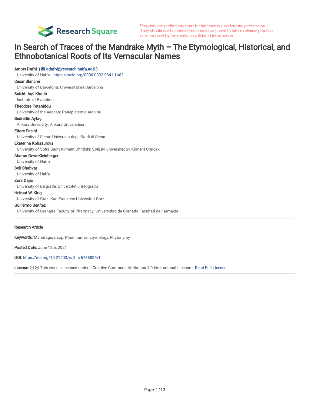 In Search of Traces of the Mandrake Myth – the Etymological, Historical, and Ethnobotanical Roots of Its Vernacular Names