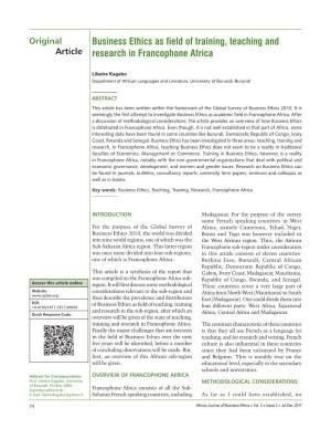 Business Ethics As Field of Training, Teaching and Research in Francophone Africa