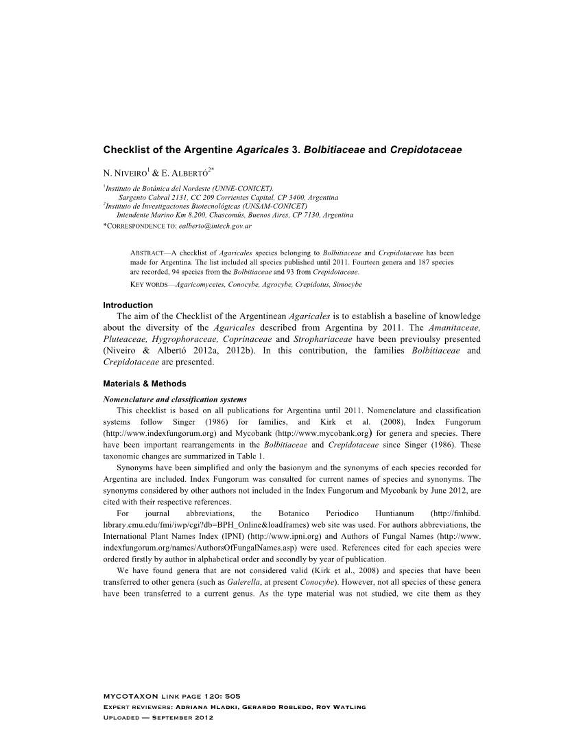 Checklist of the Argentine Agaricales 3. Bolbitiaceae and Crepidotaceae