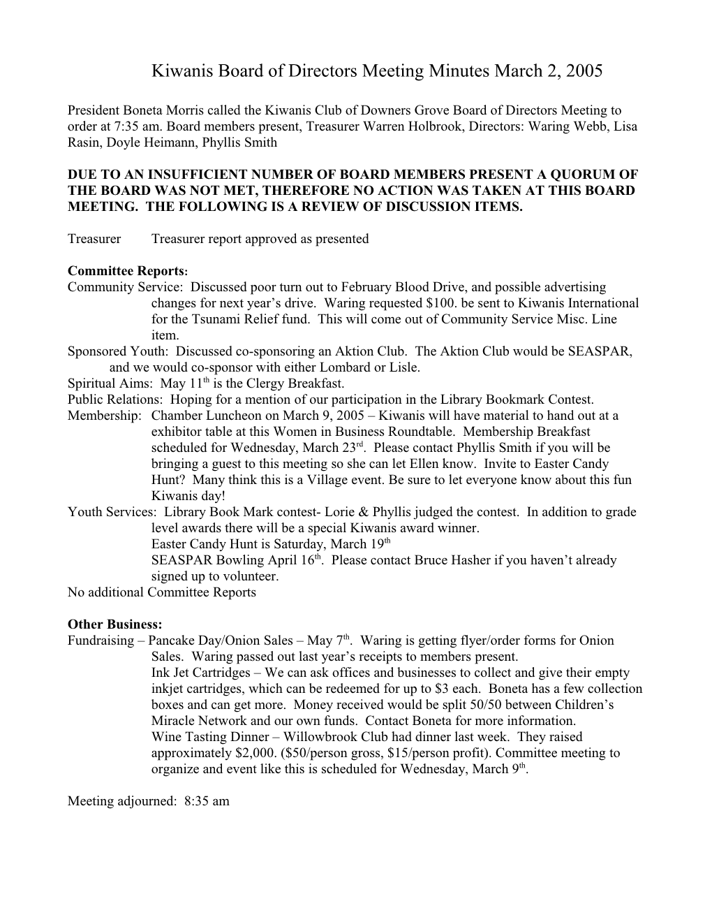 Kiwanis Board of Directors Meeting Minutes October 2, 2002