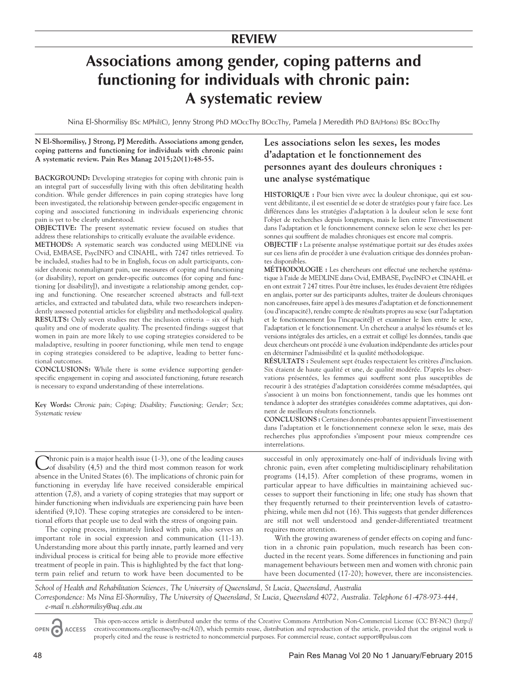 Associations Among Gender, Coping Patterns and Functioning for Individuals with Chronic Pain: a Systematic Review