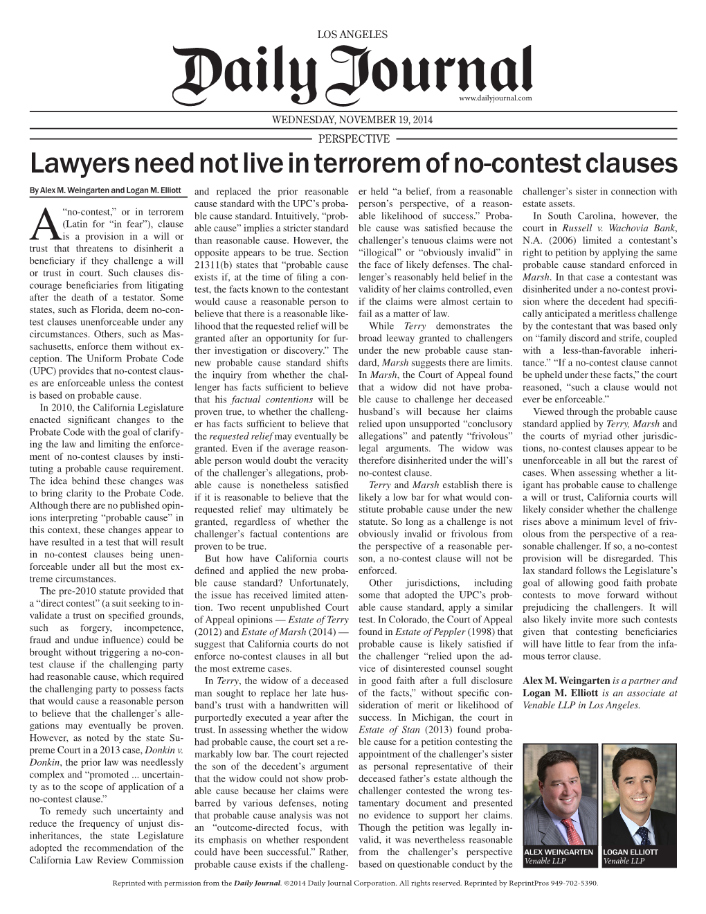 Lawyers Need Not Live in Terrorem of No-Contest Clauses by Alex M