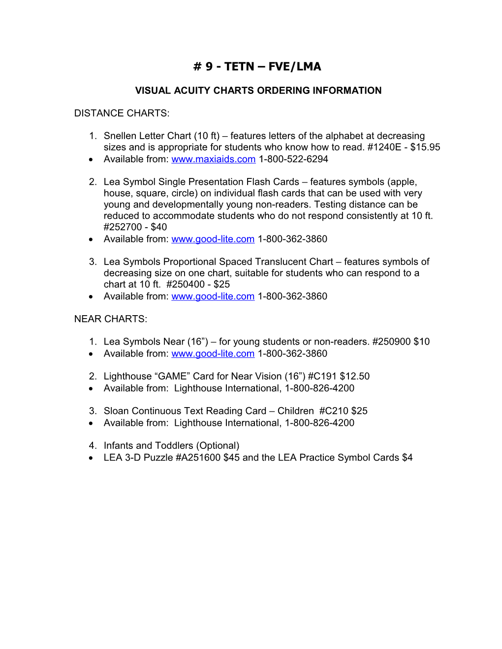 Visual Acuity Charts Ordering Information