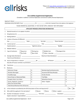 Zoo Liability Supplemental Application (Complete in Addition to General Application and General Liability Renewal Application)