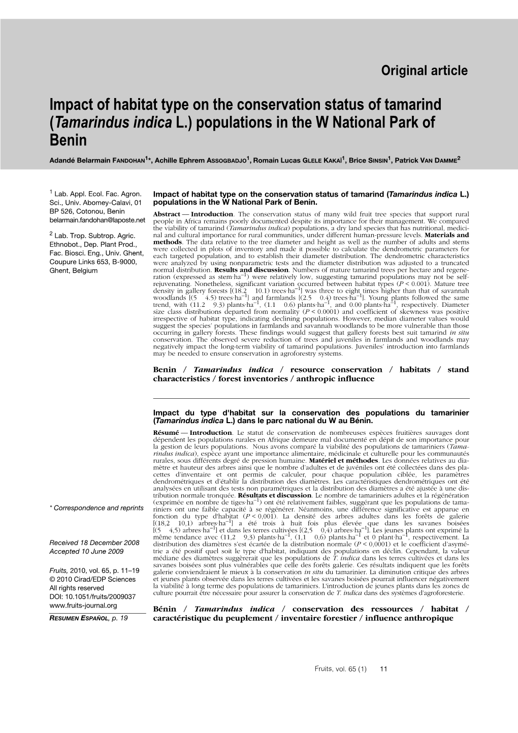 Impact of Habitat Type on the Conservation Status of Tamarind (Tamarindus Indica L.) Populations in the W National Park of Benin