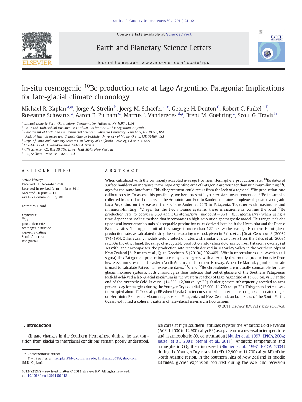 In-Situ Cosmogenic 10Be Production Rate at Lago Argentino, Patagonia: Implications for Late-Glacial Climate Chronology