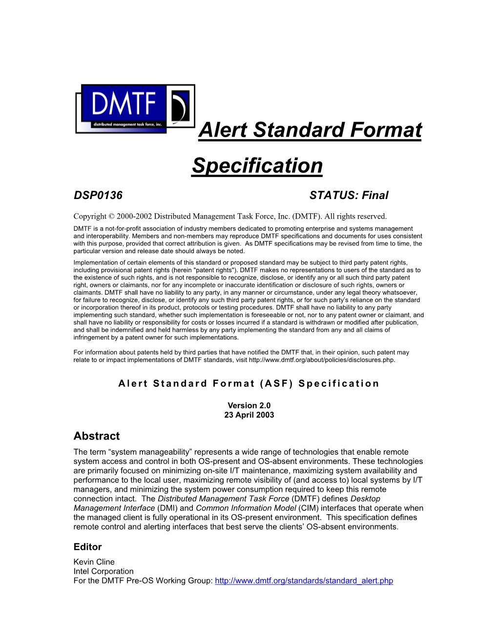 Alert Standard Format (ASF) Specification