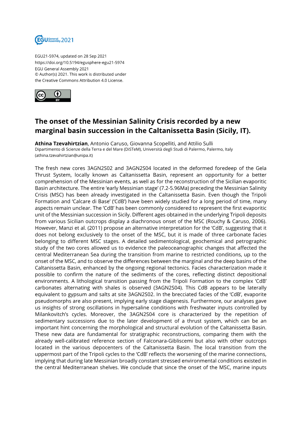 The Onset of the Messinian Salinity Crisis Recorded by a New Marginal Basin Succession in the Caltanissetta Basin (Sicily, IT)