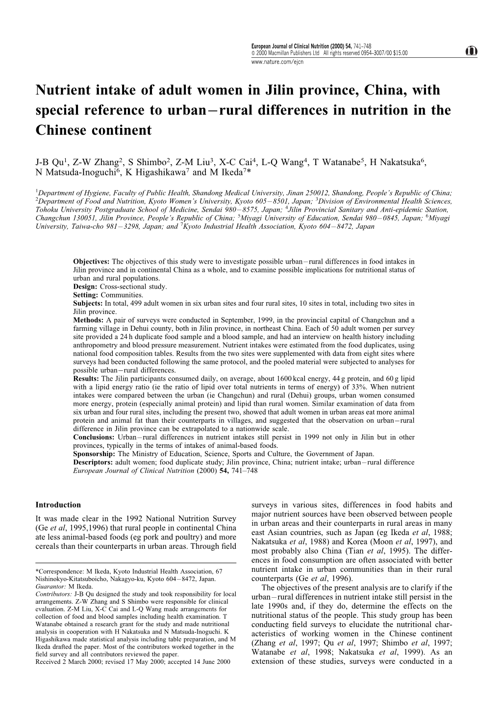Nutrient Intake of Adult Women in Jilin Province, China, with Special Reference to Urban ± Rural Differences in Nutrition in the Chinese Continent