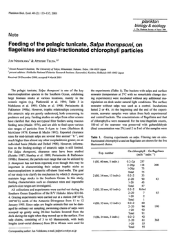 Feeding of the Pelagic Tunicate, Salpa Thompsoni, on Flagellates and Size-Fractionated Chlorophyll Particles